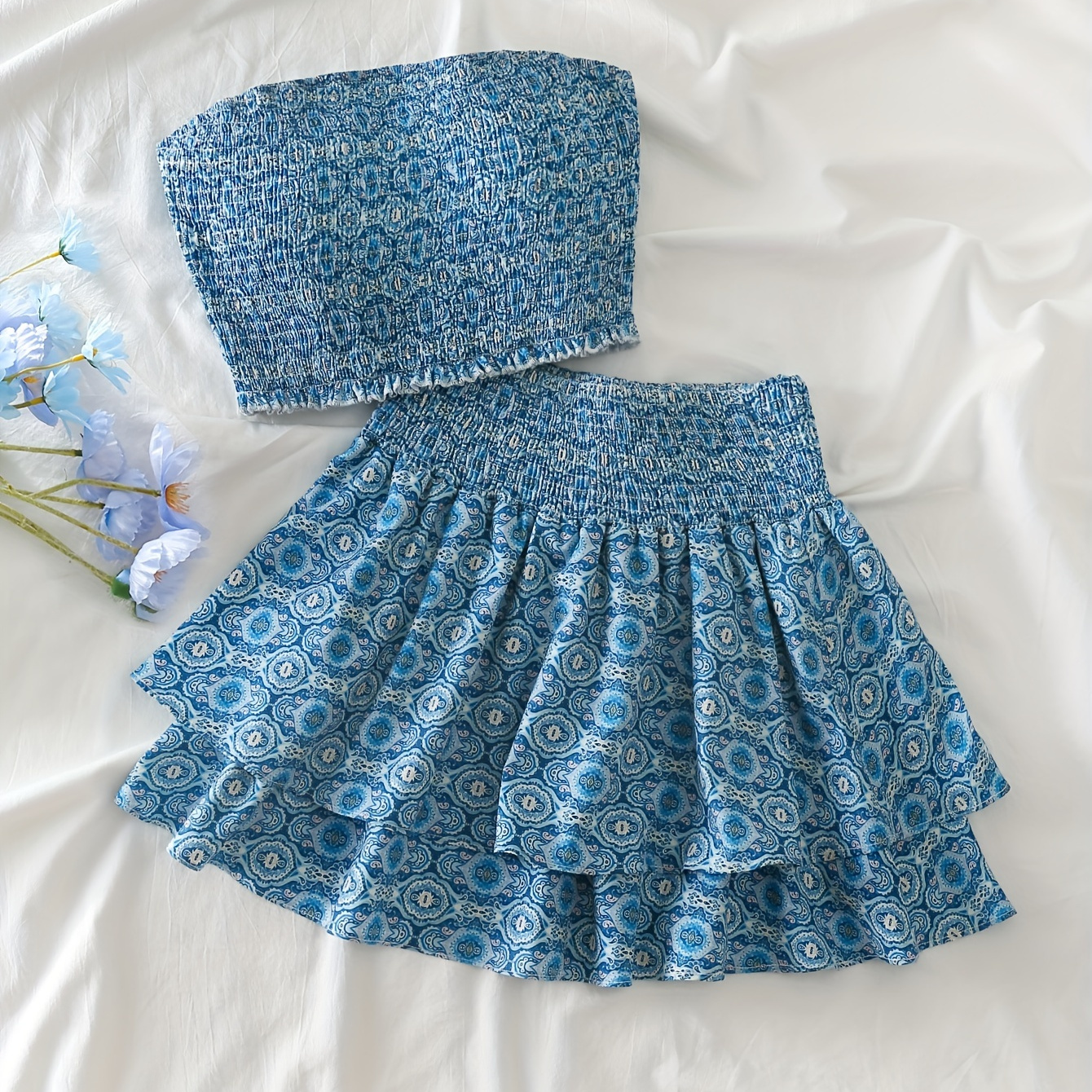 

Allover Print Shirred Matching Two-piece Skirt Set, Elegant Sleeveless Strapless Tube Top & Layered Hem Skirt Outfits, Women's Clothing