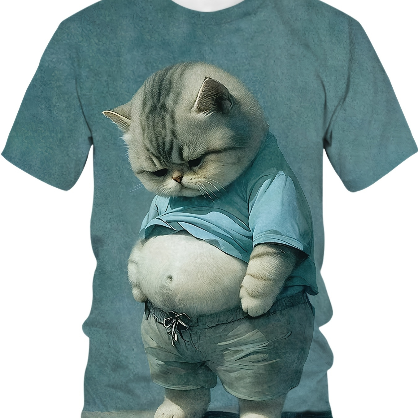 

1pc Men's Casual Round Neck T-shirt, 3d Chubby Cat Print, Knitted Polyester Fabric, Comfortable Stretch, Short Sleeve Summer Top For Business, Outdoor, Party, Gift - Animal