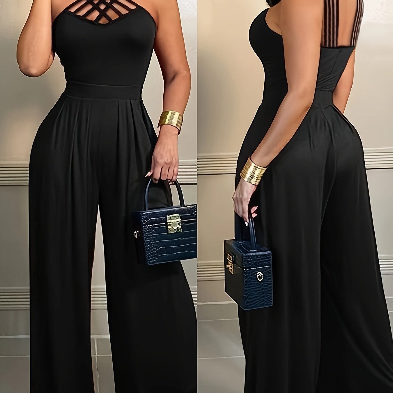 

Elegant Black Wide-leg Jumpsuit For Women - Chic Sleeveless Design With Crisscross Back Detail, 100% Polyester, Machine Washable, All