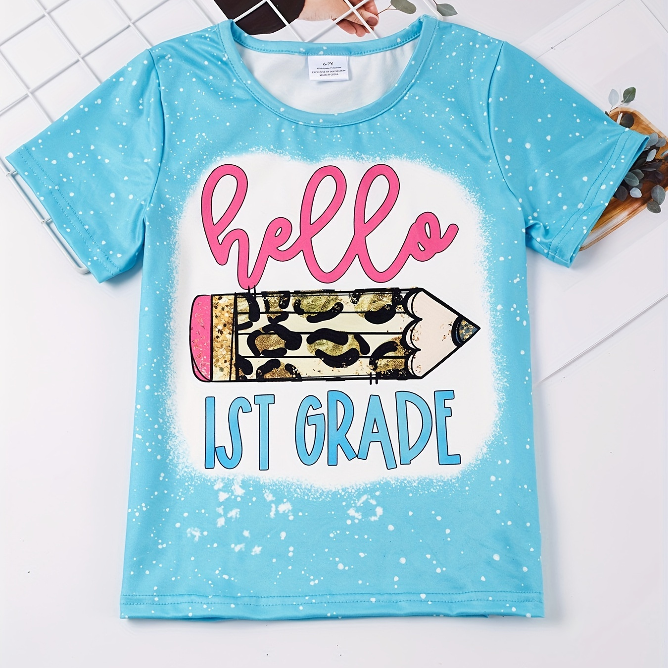 

Toddler Girls Leopard Pencil Graphic Crew Neck Casual T-shirt Tops For Back To School Season Kids Summer Clothes