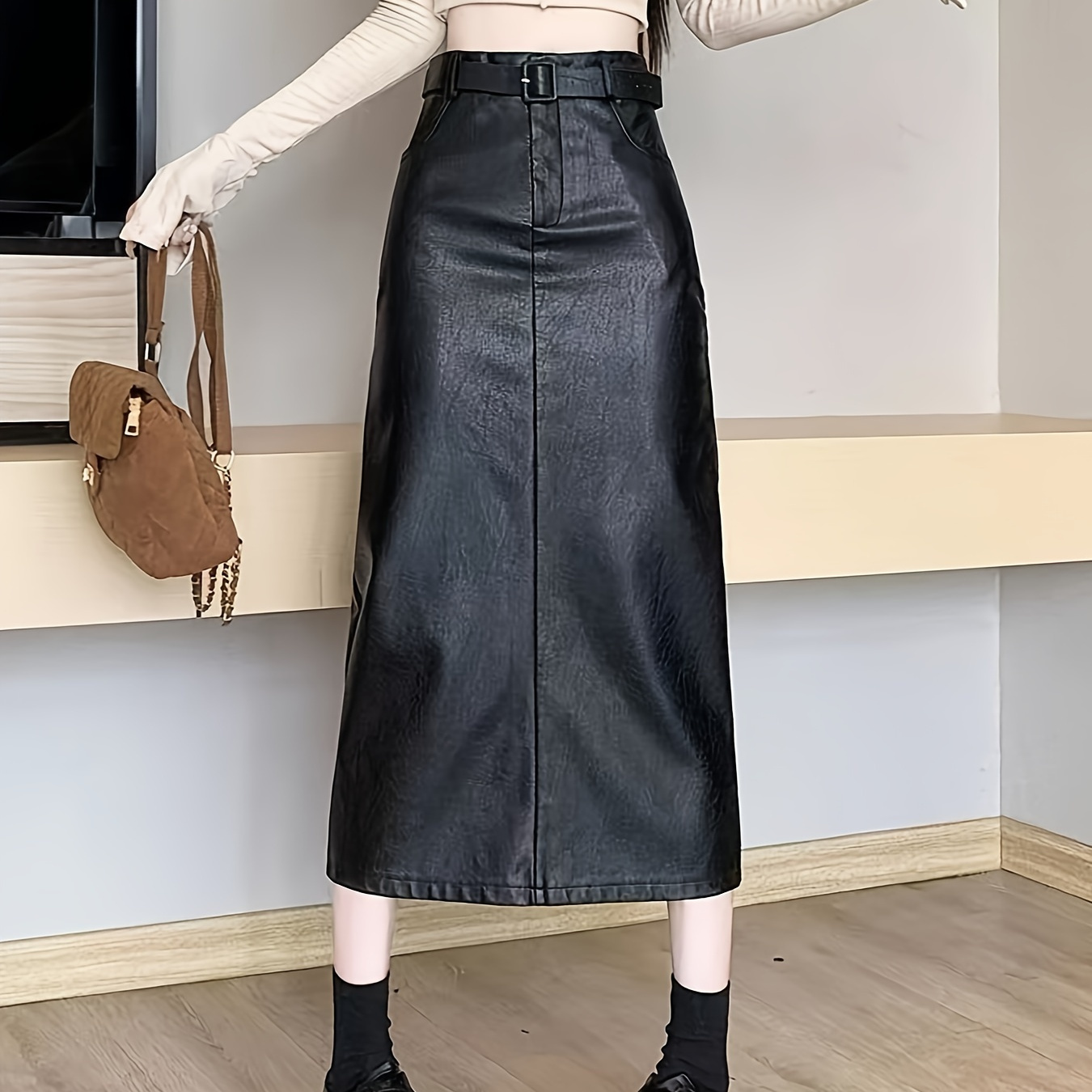 

Pu Leather High Waist Skirt, Vintage Elegant Midi Split Hem Skirt For & Weekend, Women's Clothing