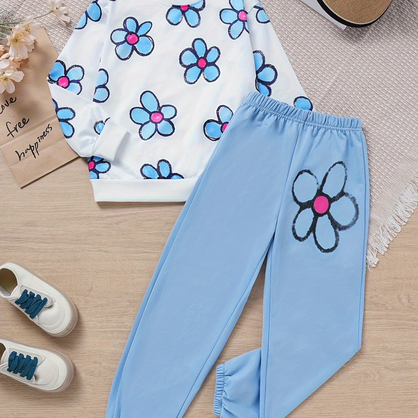

2 Pcs Flowers Pattern Long Sleeve Top Pullover + Matching Jogger Pants Girl's Set, Comfy Casual Spring/fall Outfit Clothes