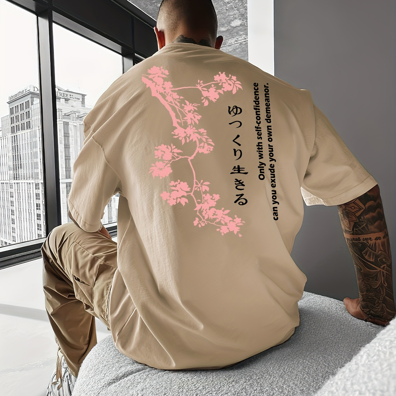 

Fashionable Cherry Blossom Graphic Print, Men's Summer Outdoor Loose Fit T-shirt, Trendy Versatile Short Sleeved Tee For Daily Wear