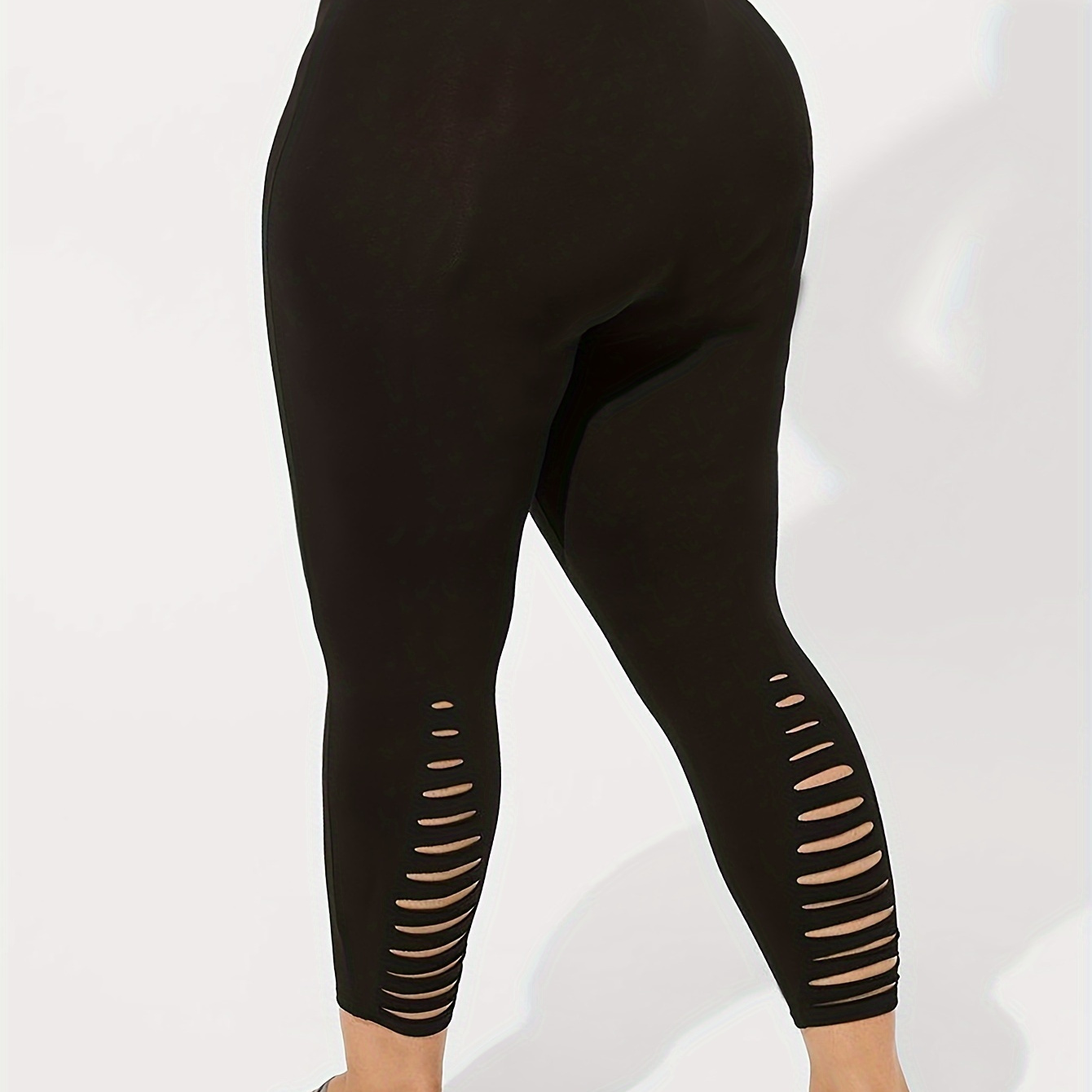 

Plus Size Chic Black Ripped Skinny Leggings With Waist - Stretchy & Comfortable Polyester , Mid-calf Length, Ideal For Casual Wear