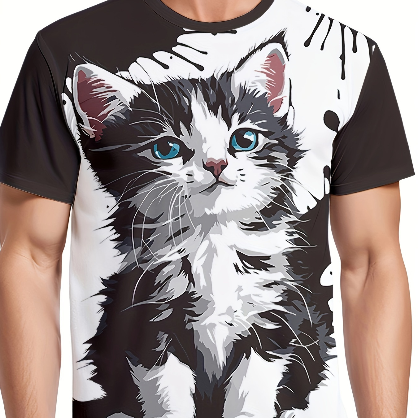 

Men's Color Matching Cute Cat Print T-shirt, Casual Short Sleeve Crew Neck Tee, Men's Clothing For Summer Outdoor