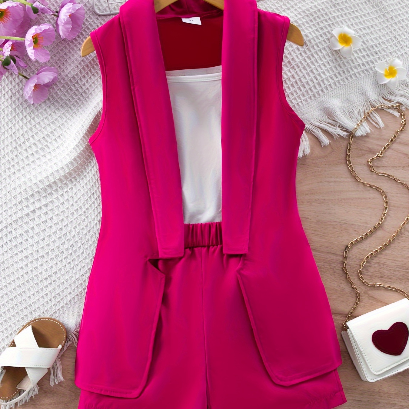 

3pcs Girls Elegant Outfits Sleeveless Open Front Jacket + Cami Top + Shorts Set For Summer Gift