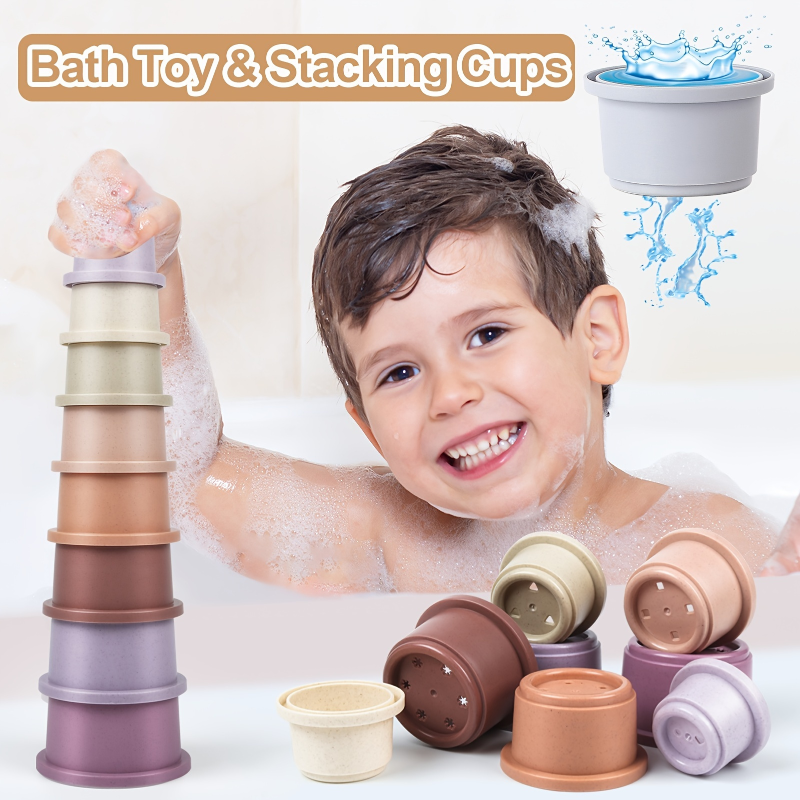 Track Bathroom Bathtub Kids Play Water Spray Toy Set Stacking Cups