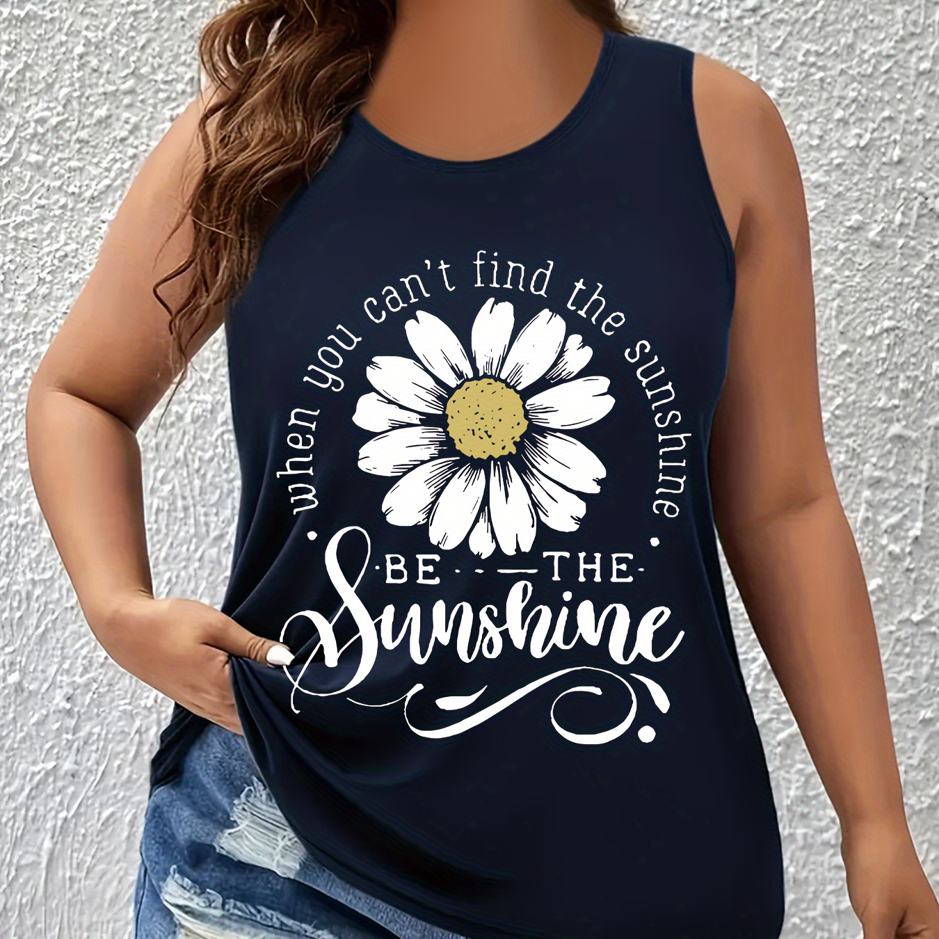 

Plus Size Sunshine Letter Print Tank Top, Casual Sleeveless Crew Neck Top For Summer & Spring, Women's Plus Size Clothing
