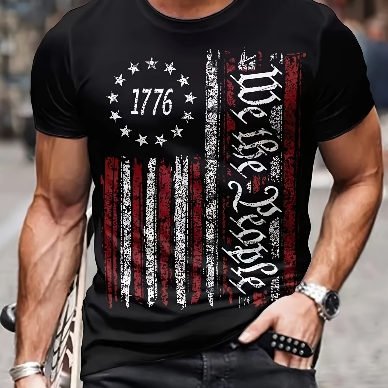 

Independence Day Themed Letter And Flag Pattern Men's Short Sleeve Crew Neck T-shirt, Summer Outdoor, Gift For Men