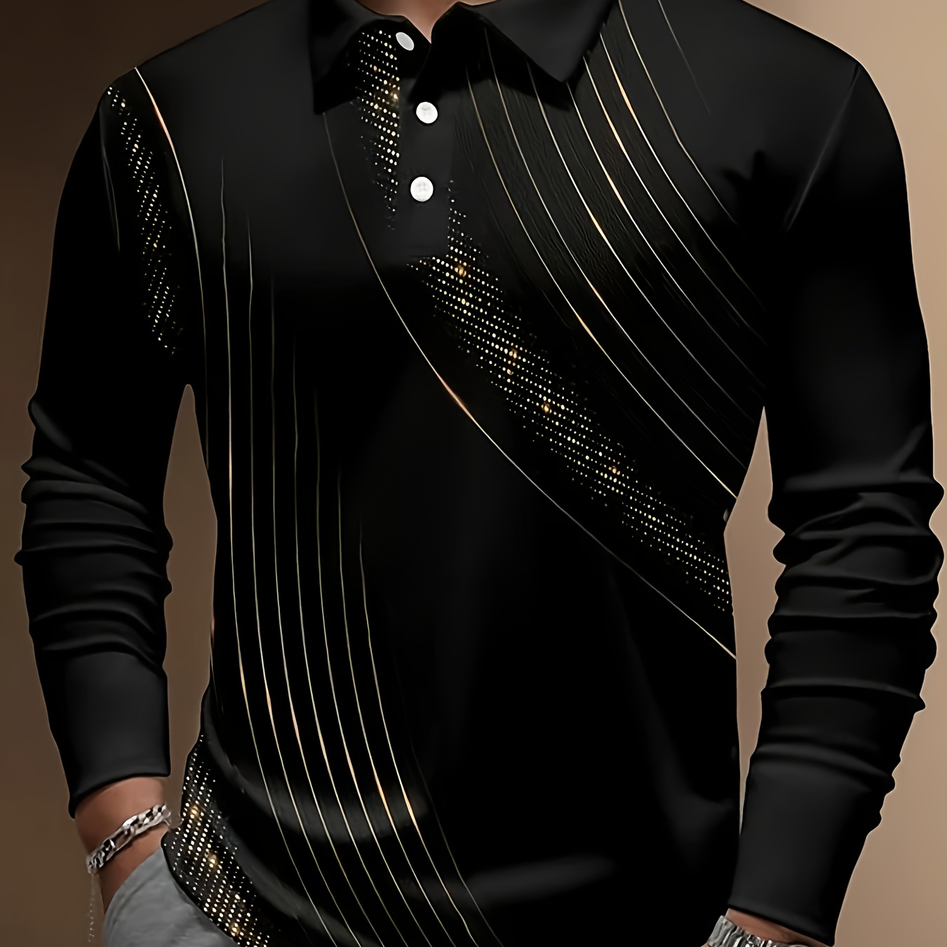 

Geometric Pattern 3d Print Men's Fashion Long Sleeved Buttoned Polo Shirt, Outdoor Street Casual