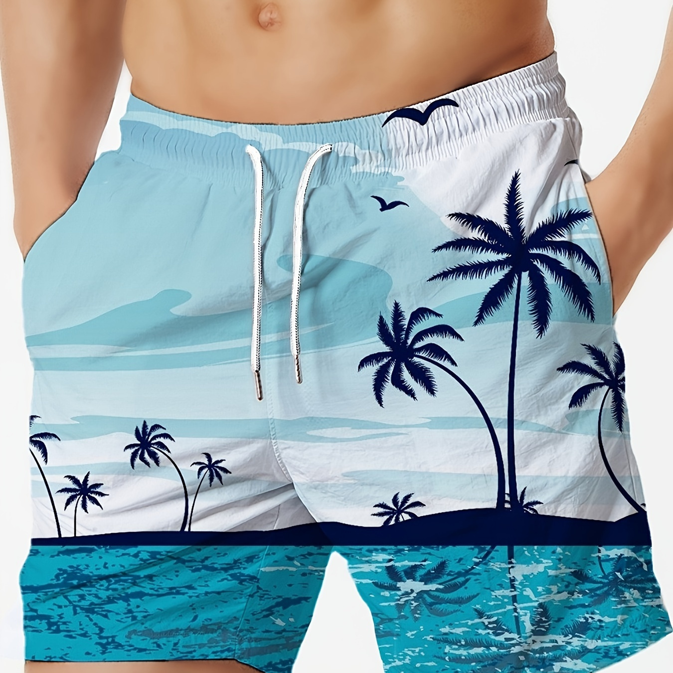 

Men's Trendy Hawaiian Graphic Shorts With Drawstring And Fancy Palm Tree Print, Quick Dry Swim Trunks For Summer Beach, Pool And Resort