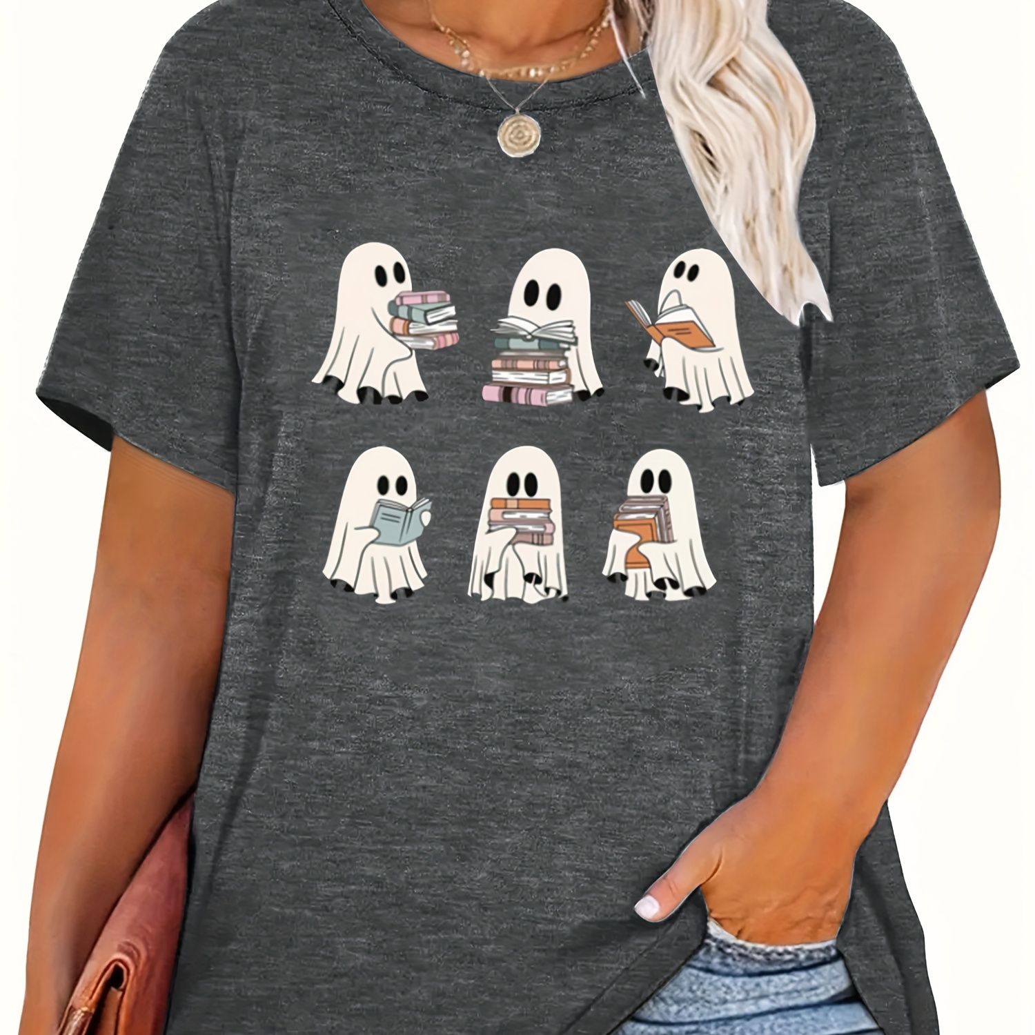 

Plus Size Ghost Print T-shirt, Casual Short Sleeve Top For Spring & Summer, Women's Plus Size Clothing