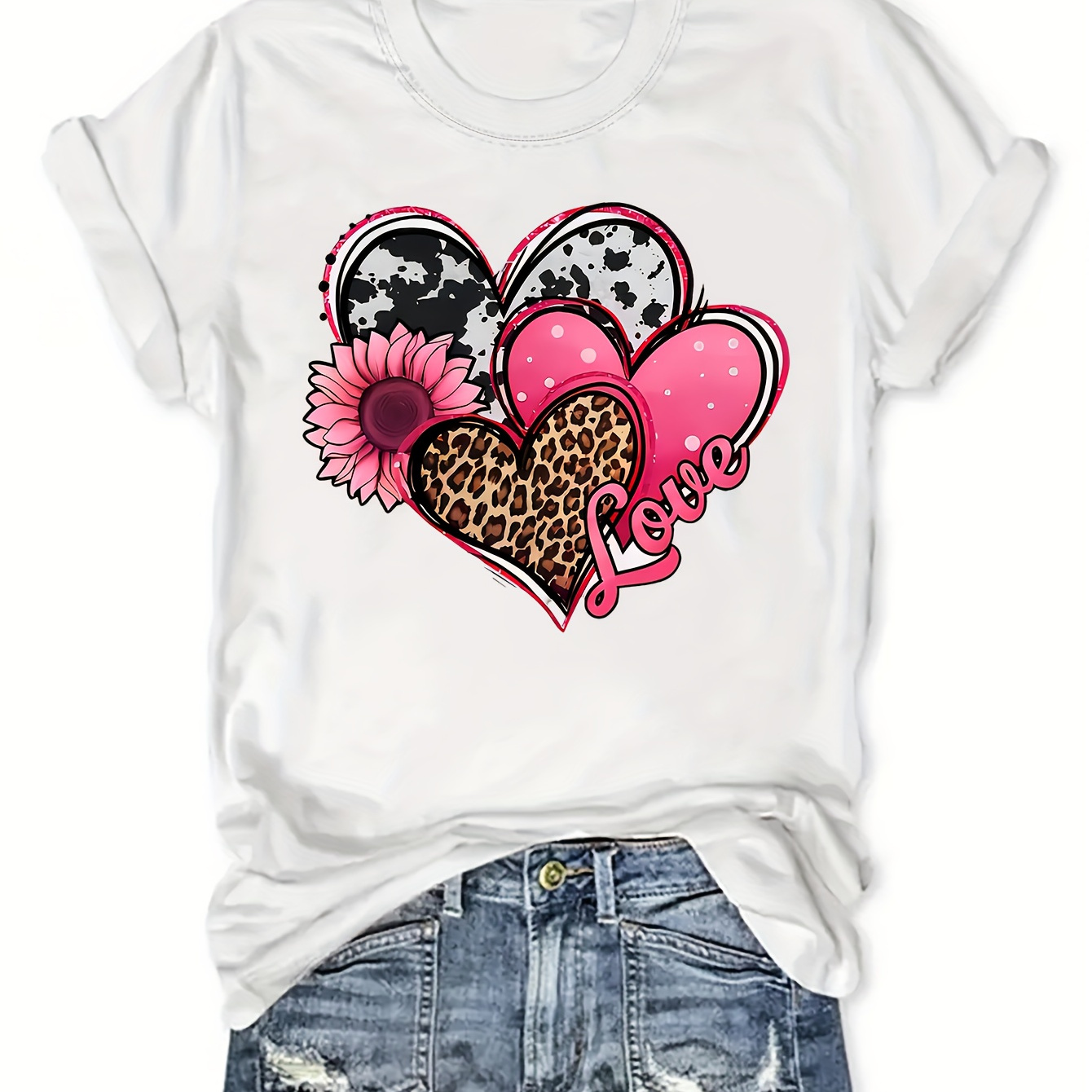 

Heart & Floral Print T-shirt, Short Sleeve Crew Neck Casual Top For Summer & Spring, Women's Clothing