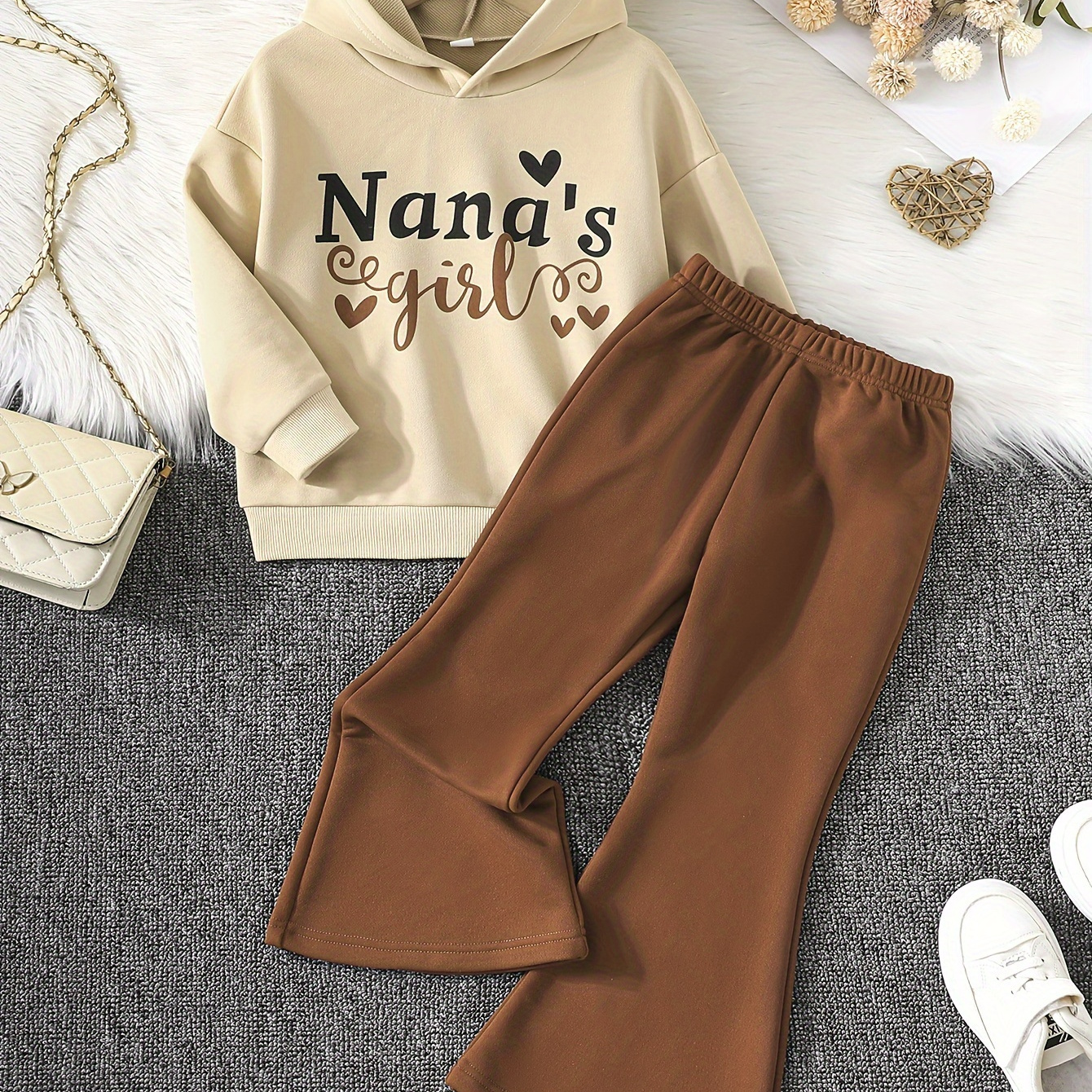

Girls' Casual Letter Print Hoodie & Flared Pants Set - Stretchy Polyester, Machine Washable - Spring & Fall