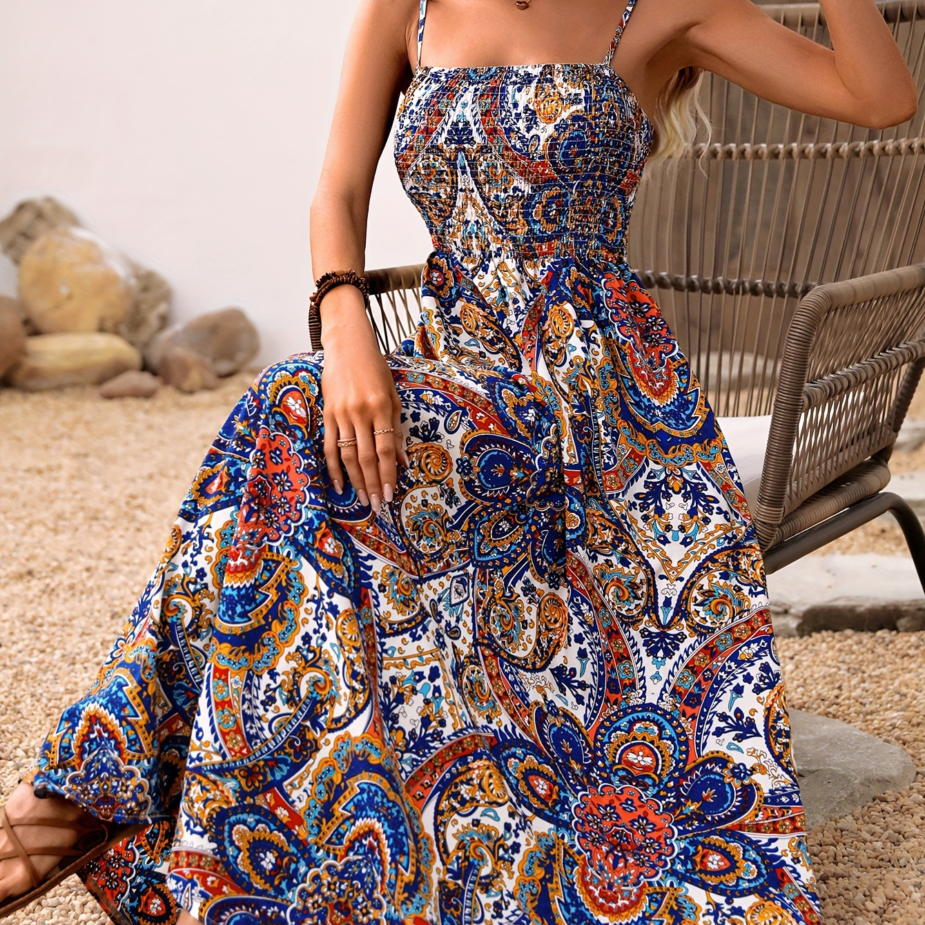 

Shirred Paisley Print Cami Dress, Vintage Sleeveless Dress For Spring & Summer, Women's Clothing
