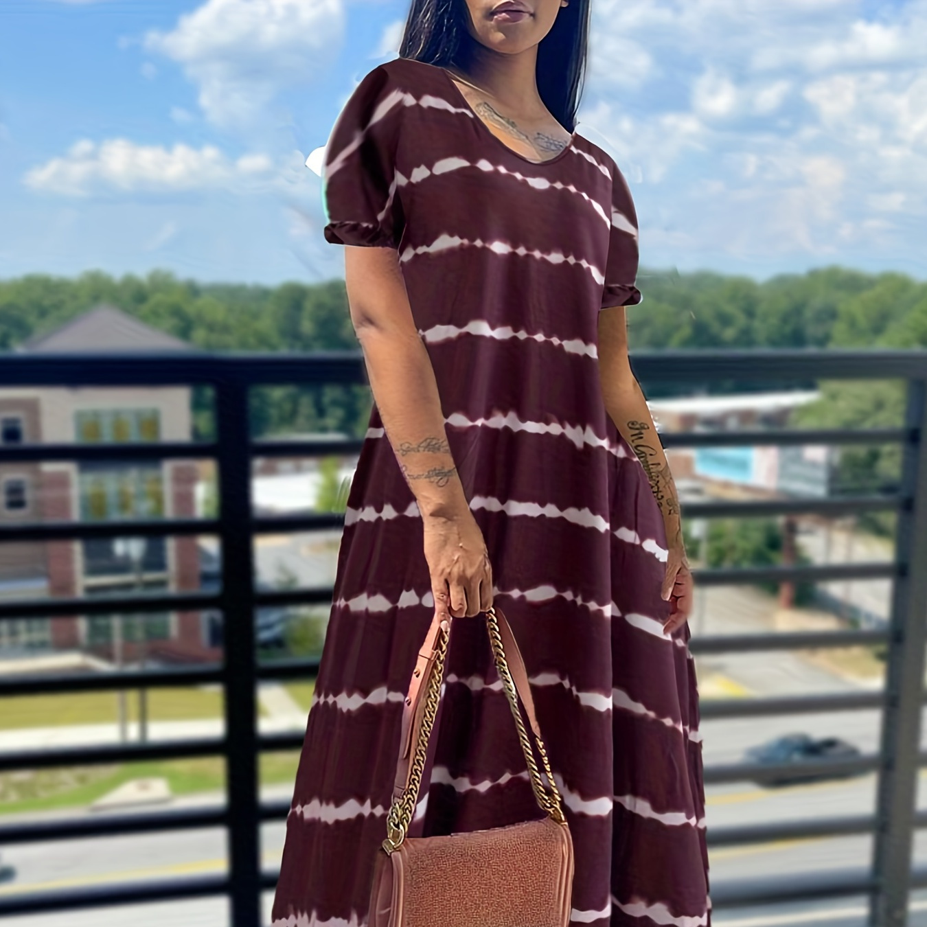 

Plus Size Casual Dress, Women's Plus Striped Round Neck Ruffle Short Sleeve Tee Dress
