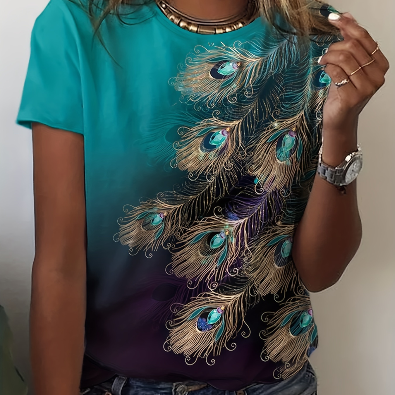 

Peacock Feather Print T-shirt, Casual Short Sleeve Top For Spring & Summer, Women's Clothing