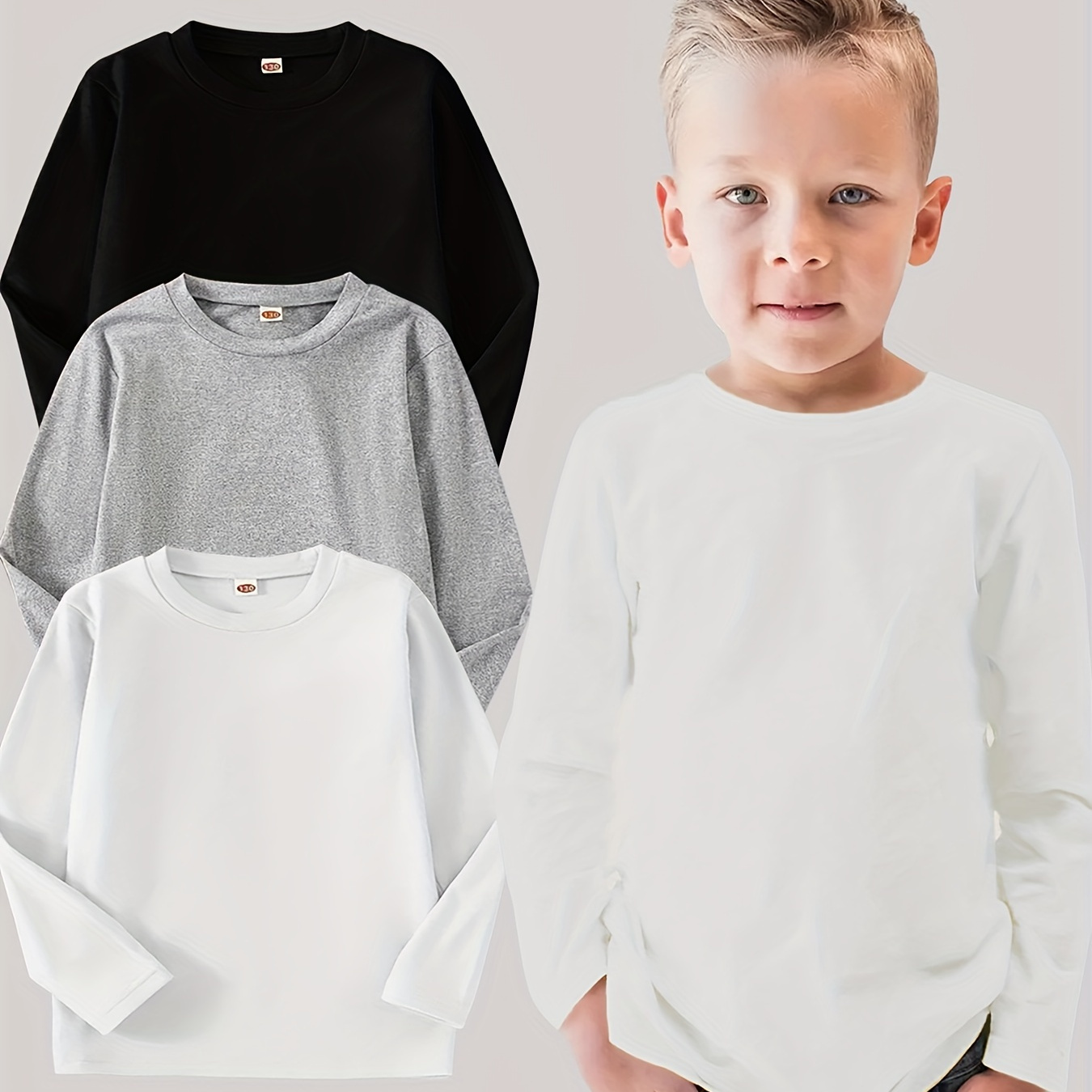 

3pcs Boys Solid Color Casual Long Sleeve T-shirt, Soft Slight Stretch Fabric, Machine Washable, Perfect For Daily Casual Wear In Spring And Fall