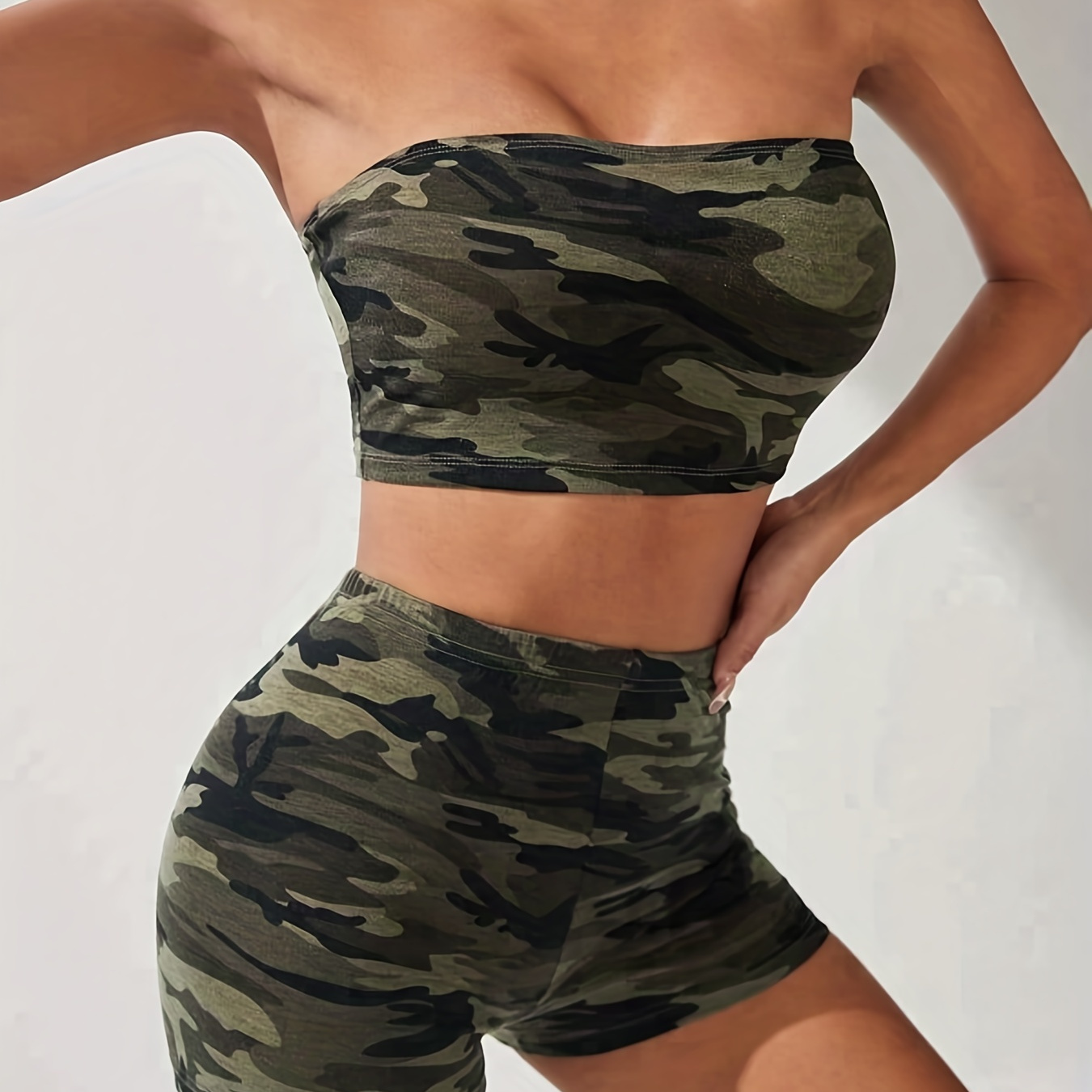 Camo Print Casual Two-piece Set, Crop Cami Top & Cropped Leggings Outfits,  Women's Clothing