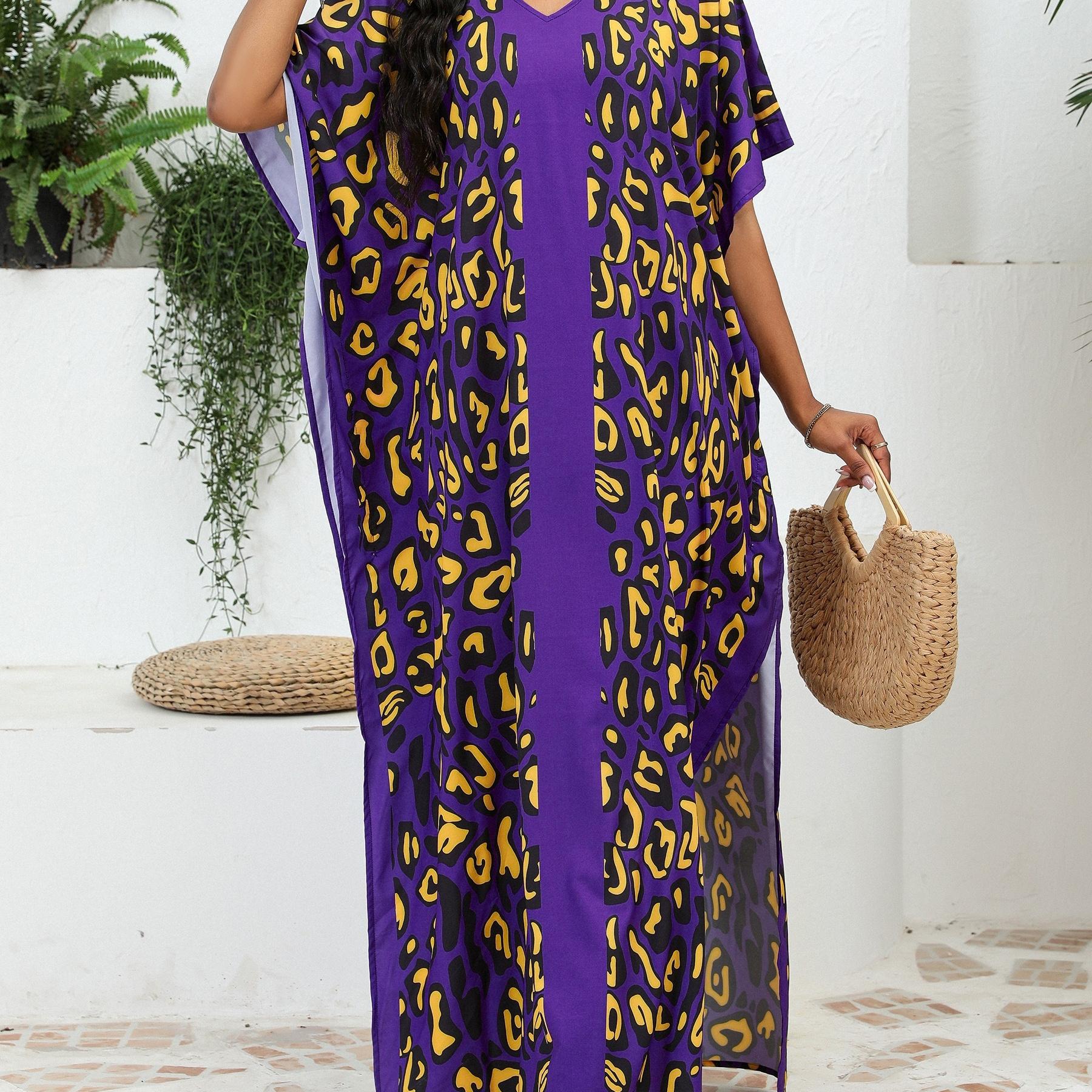 

Women's Plus Size Kaftan Dress, V-neck Leopard Print , Summer Short Sleeve Long Slit Maxi Skirt, Bohemian Resort Pullover Long Cover-up