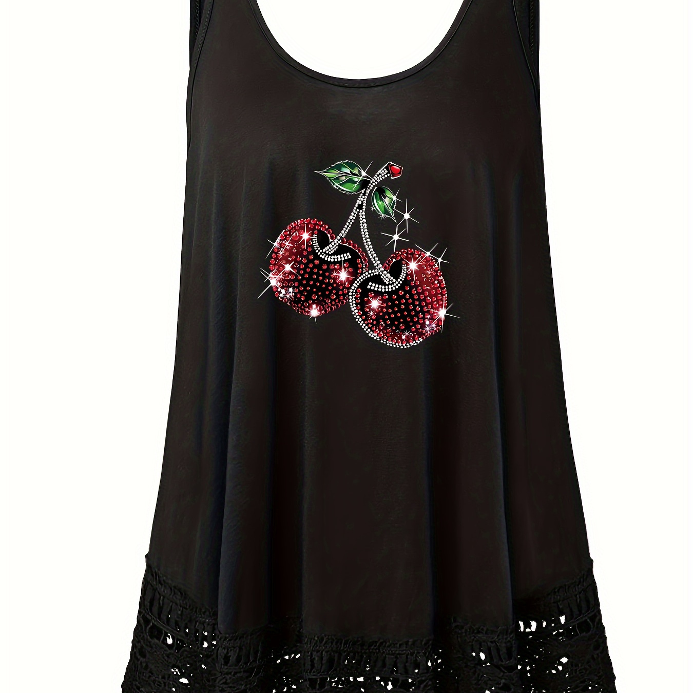 

Plus Size Cherry Print Lace Stitching Tank Top, Casual Crew Neck Sleeveless Top For Summer, Women's Plus Size Clothing