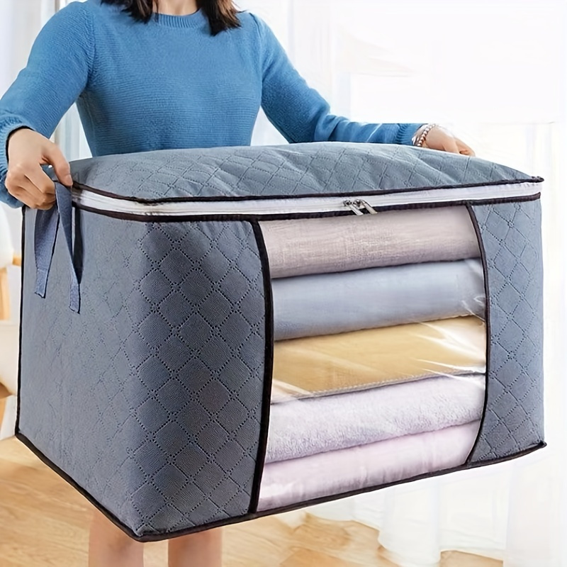 

1pc Large Capacity Clothes Storage Bag Organizer With Reinforced Handle Thick Fabric For Comforters, Blankets, Bedding, Foldable With Sturdy Zipper, Clear Window