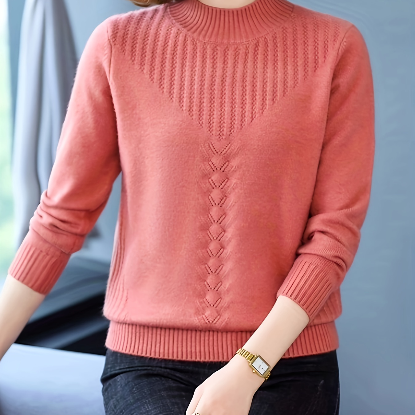 

Plain Color Knitted Pullover Sweater, Casual Long Sleeve Plain Color Sweater, Women's Clothing