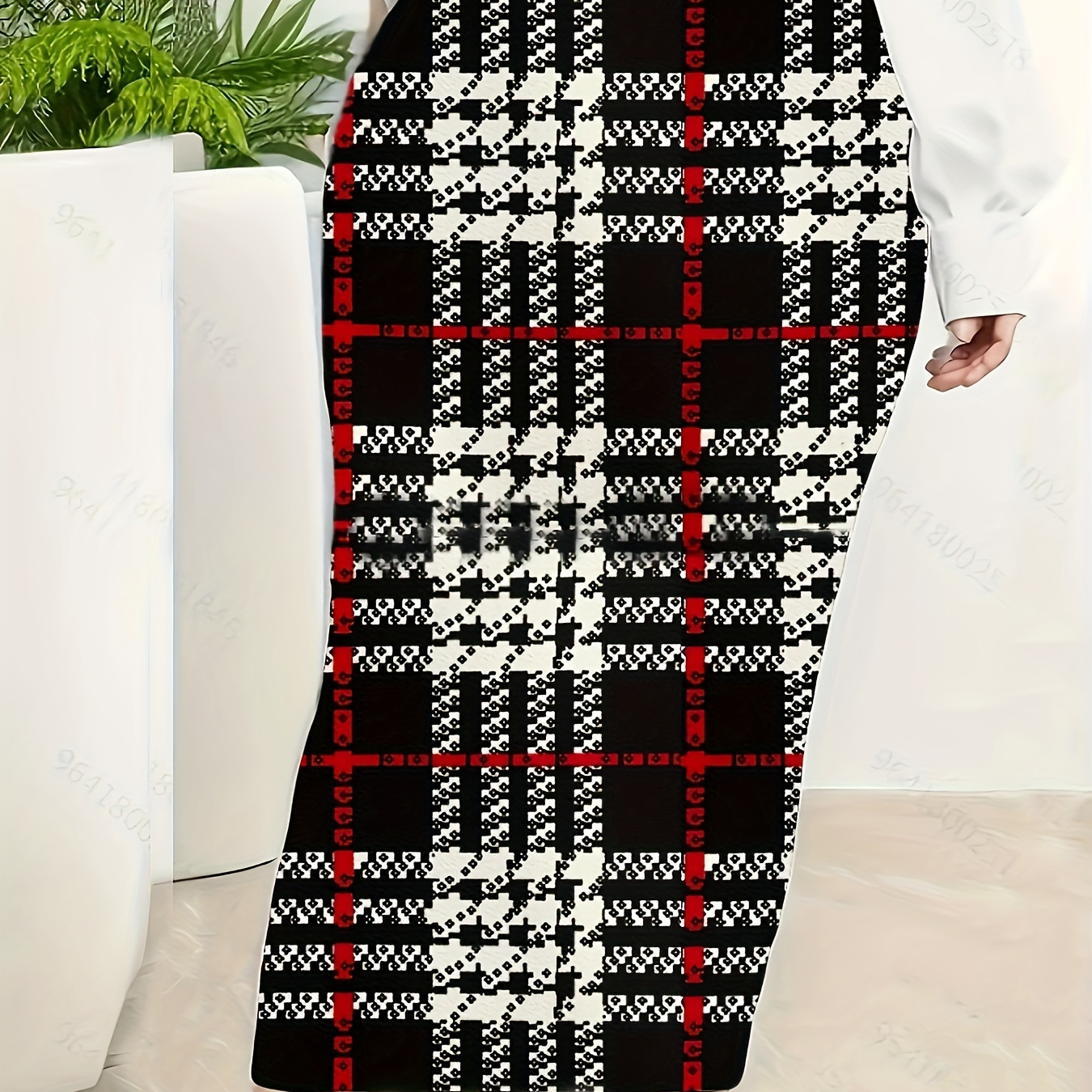 Plus Size Casual Skirt, Women's Plus Plaid Print High Rise Slight Stretch Bodycon Skirt