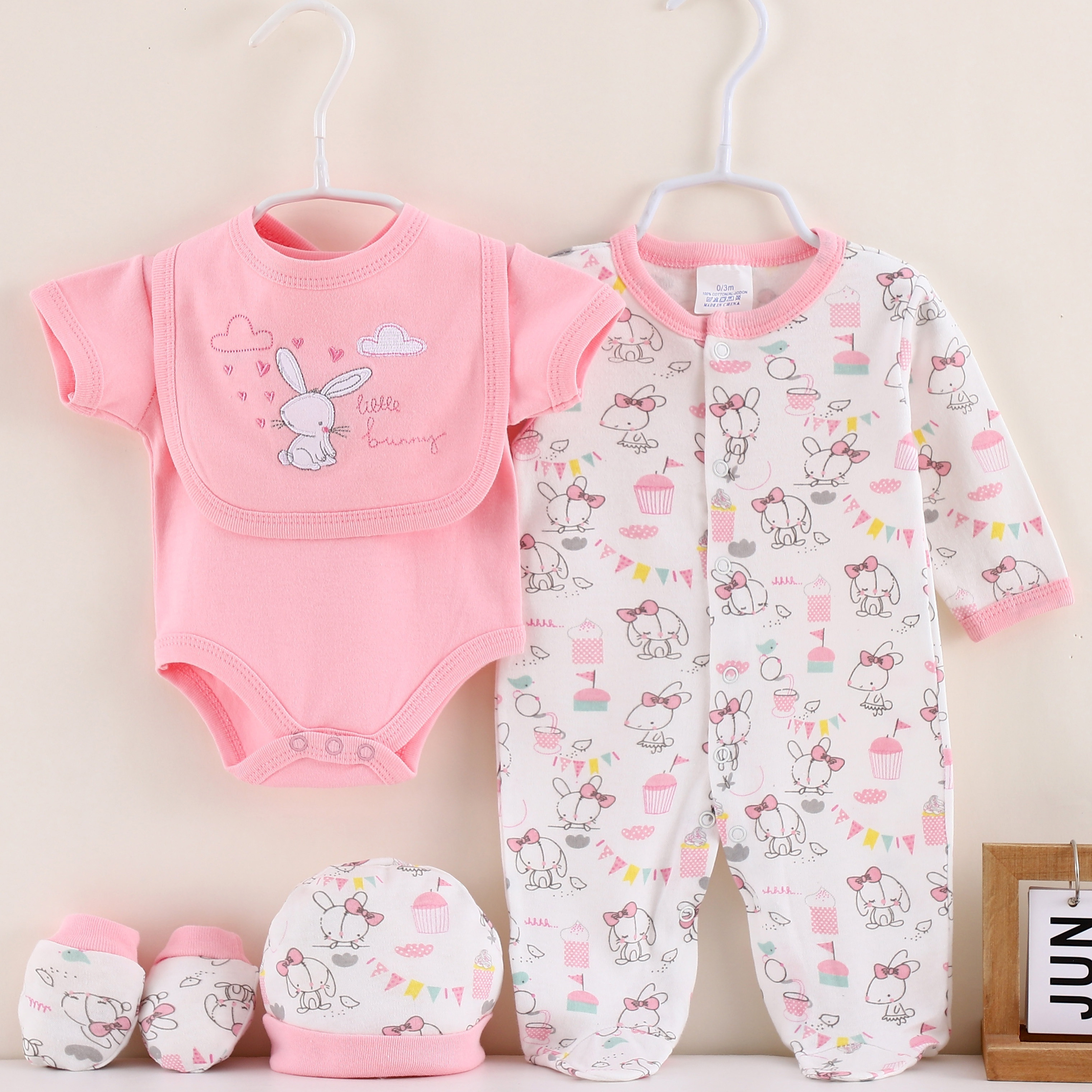 

's Rabbit Pattern Clothes Set - 100% Bodysuit & Long Footed & Mittens & & Hat Set, 's Clothes, As