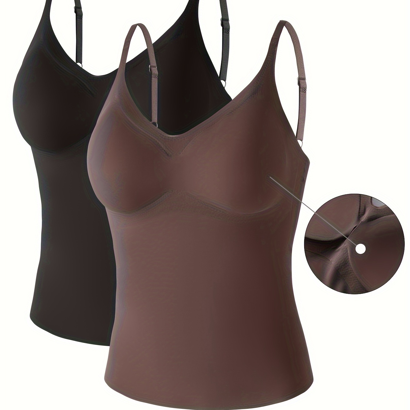 

2pcs Camisoles Couture pour Femmes avec Coussinets de Soutien-gorge Intégrés - Café Violet & Noir, Mélange de Nylon Confortable, Sous-vêtement Invisible, Style Polyvalent