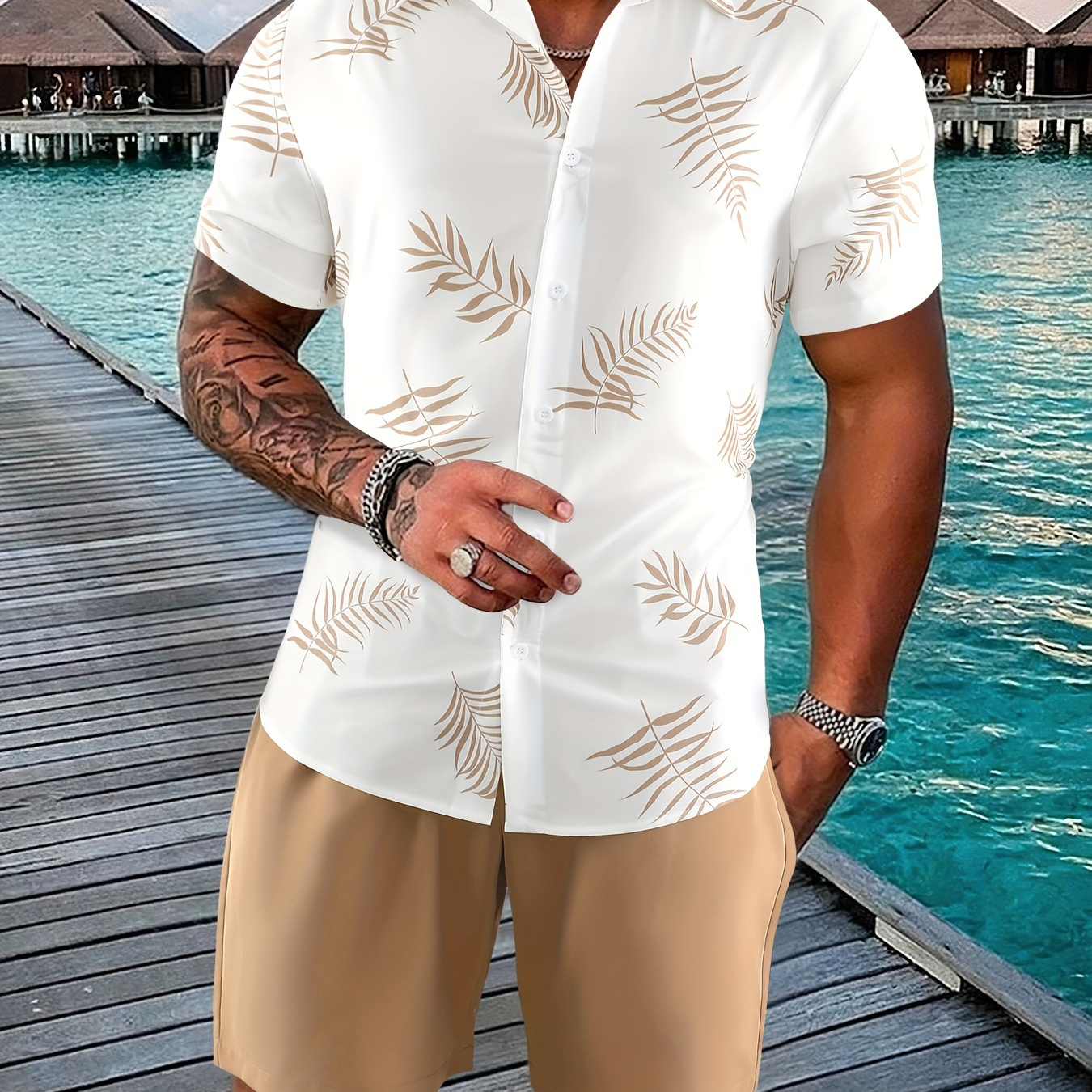 

Hawaii Print 2pcs Men's Summer Fashionable And Simple Short Sleeve Button Casual Lapel Simple Shirt And Shorts, Trendy And Versatile, Suitable For Dates, Beach Holiday