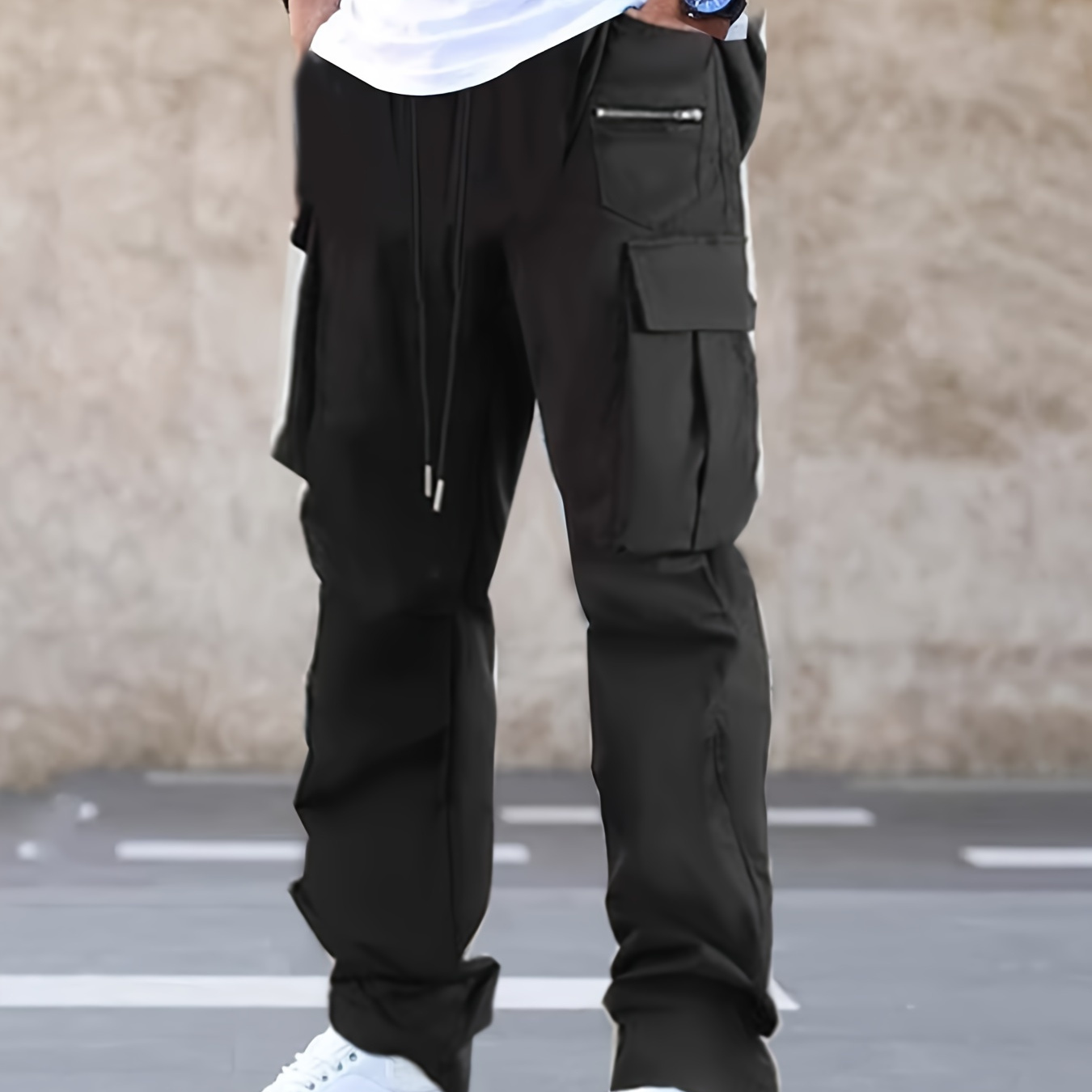 TEMU Trendy Solid Men's Long Drawstring Cargo Straight Leg Pants With Pockets, Spring Outdoor Sports