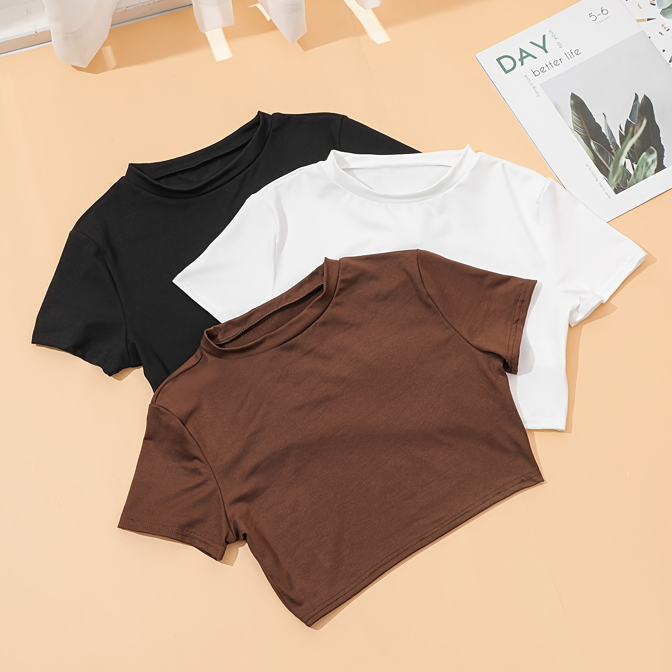 

3 Pieces Crew Neck T-shirts, Short Sleeve Tops For , Women's Clothing