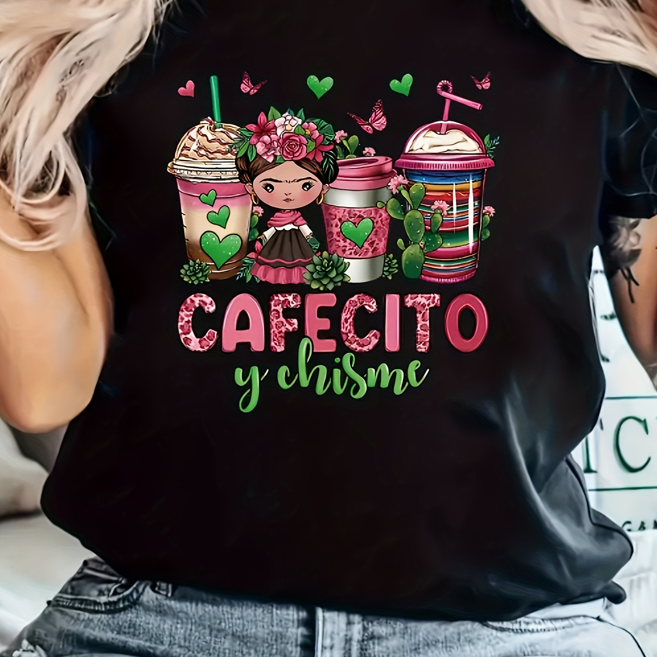 

Drink Print Crew Neck T-shirt, Casual Short Sleeve T-shirt For Spring & Summer, Women's Clothing