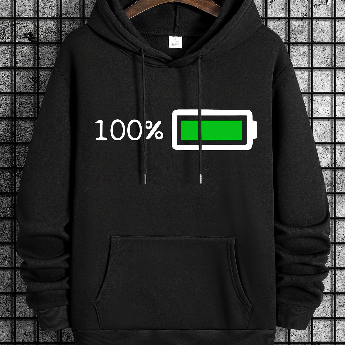 

100% Battery Print Men's Hooded Sweatshirt Casual Creative Design With Stretch Fabric For Comfortable Spring Autumn Wear