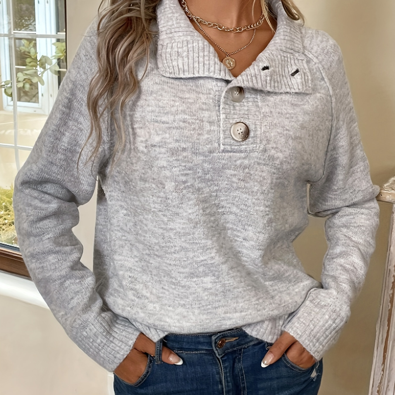 

Pull à bouton de couleur unie sur le devant, manches raglan décontractées, haut tricoté simple pour l'automne et l'hiver, vêtements pour femmes.