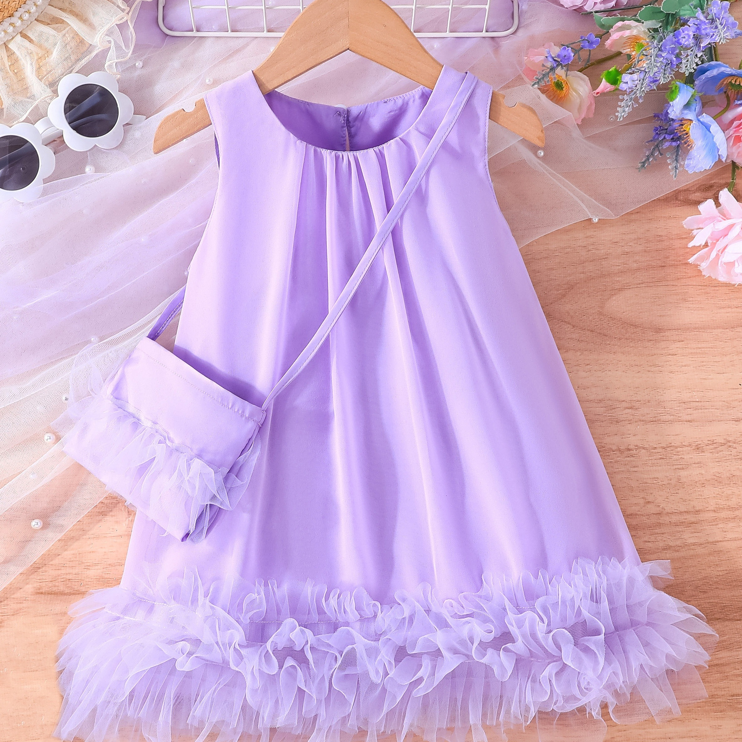 

Baby's Solid Color Mesh Trim Dress, Trendy Sleeveless Dress, Infant & Toddler Girl's Clothing For Summer/spring