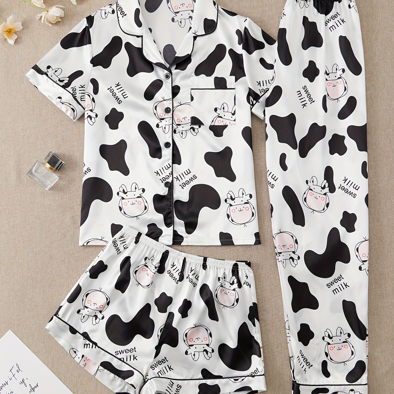 

Cartoon Cow Print Pajamas Set, Short Sleeve Buttons Top & Shorts & Pants, Women's Sleepwear & Loungewear