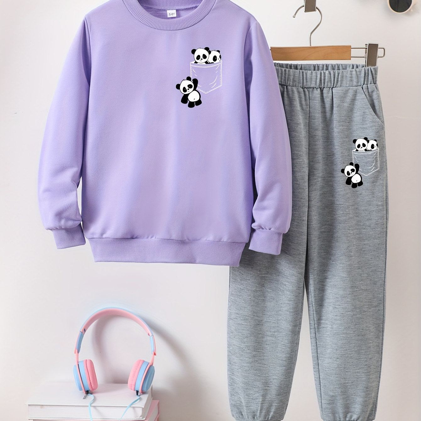 

Girls' Print Sweatshirt & Joggers Set - Casual Long Sleeve Outfit For Spring/fall, Polyester Blend