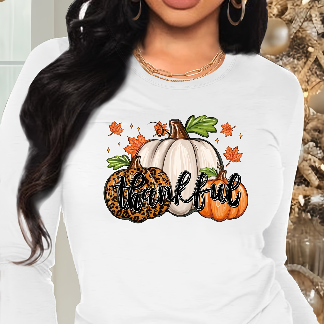 

Thanksgiving Pumpkin Print T-shirt, Long Sleeve Crew Neck Casual Top For Spring & Fall, Women's Clothing