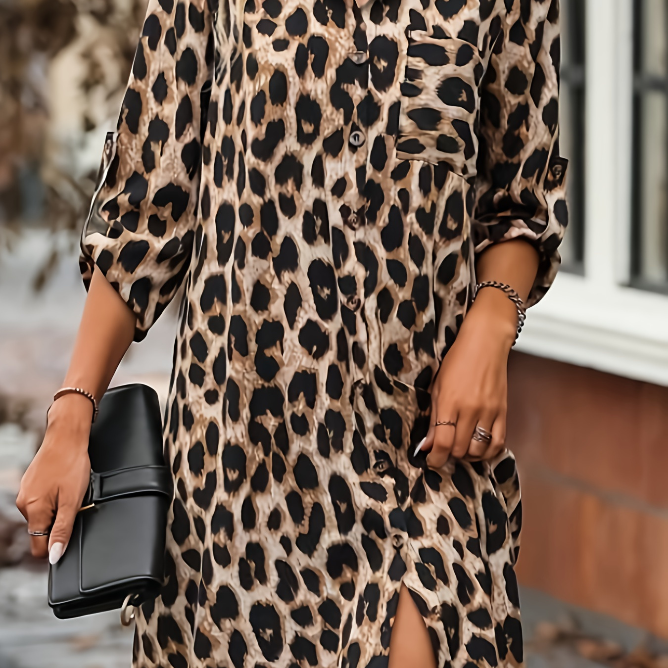 

Leopard Print Button Front Dress, Casual 3/4 Sleeve Dress For Spring & Summer, Women's Clothing