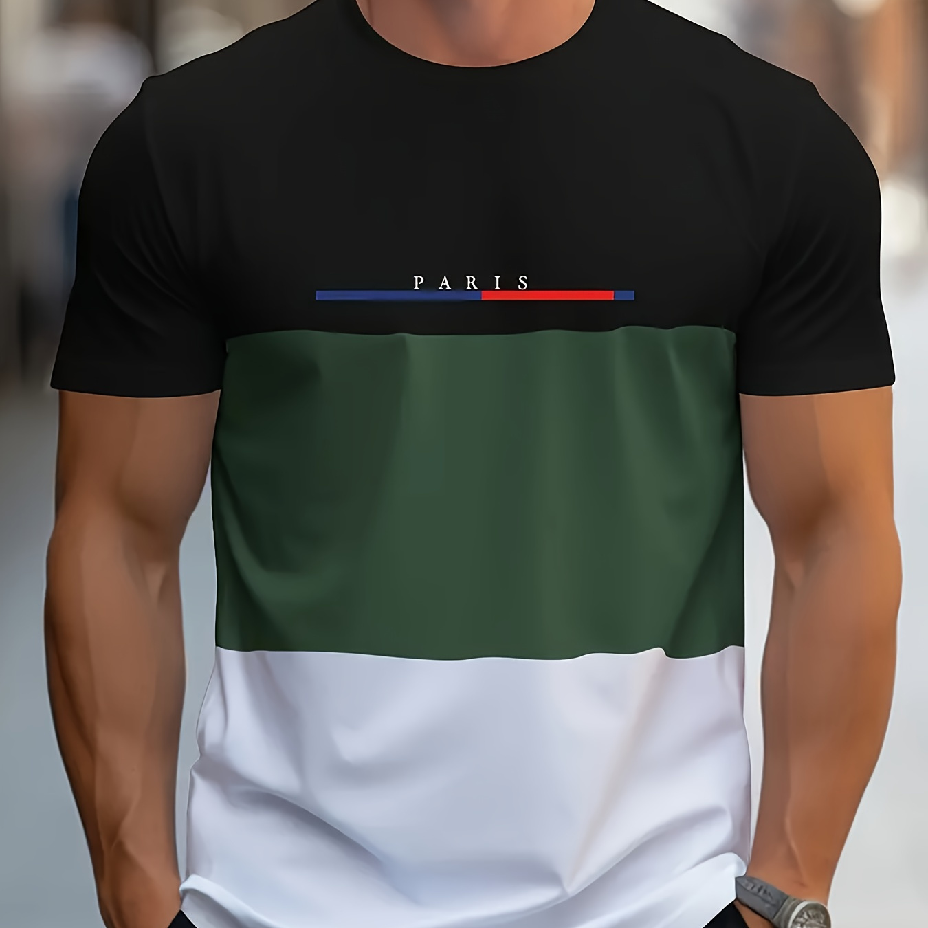 

Men's Casual Summer Sports T-shirt With 3d Digital Printed Paris Pattern Elements In Gradient Colors, Stylish Sports Short Sleeves