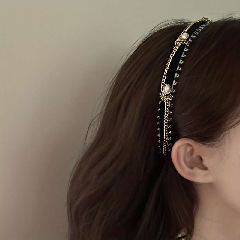 

Faux Pearl Chain Brim Headband Houndstooth Pattern Head Hoop Simple Style Hair Accessories Women Girls