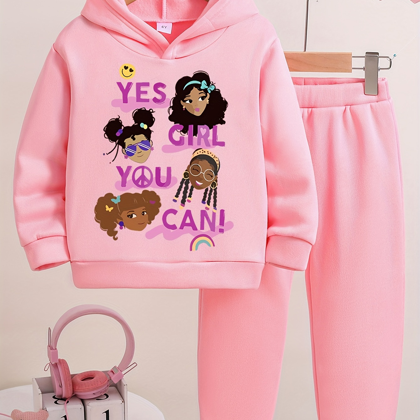 Toddler Girls 2pcs Cute Cartoon Girl Print Thermal Hoodies + Sweatpants Set For Spring Fall Gift Sports