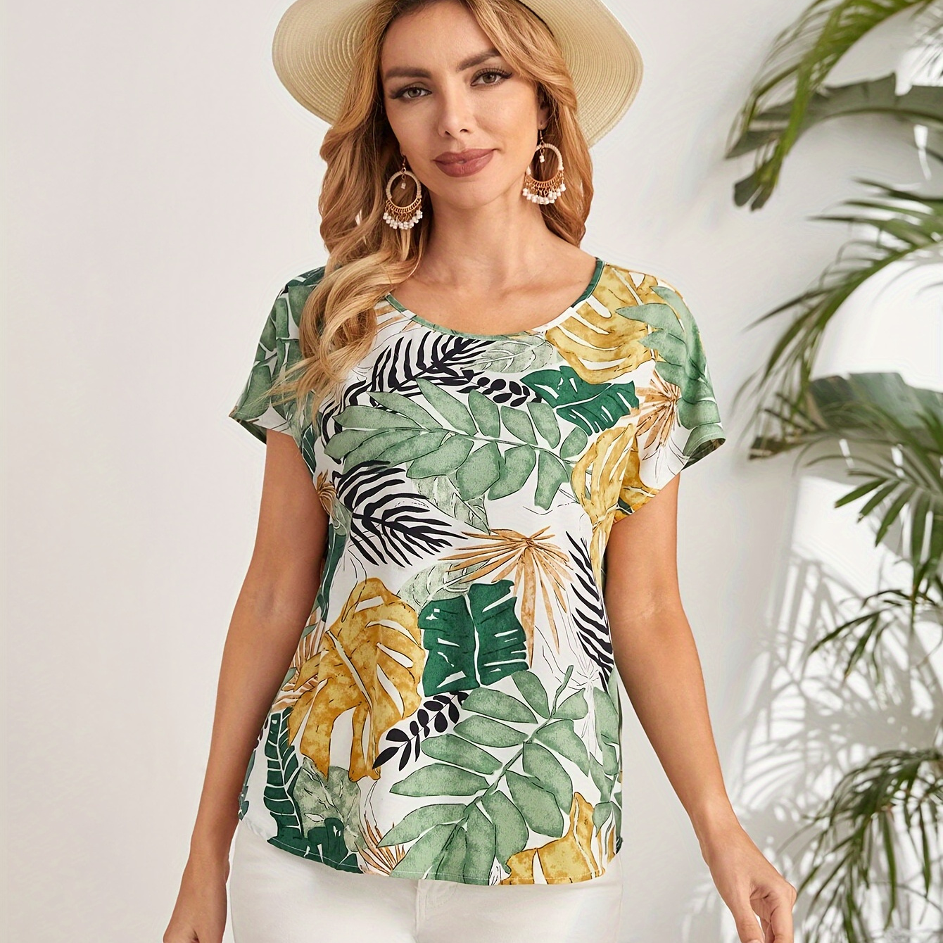 

Leaf Print Crew Neck Blouse, Elegant Short Sleeve Blouse For Spring & Summer, Women's Clothing