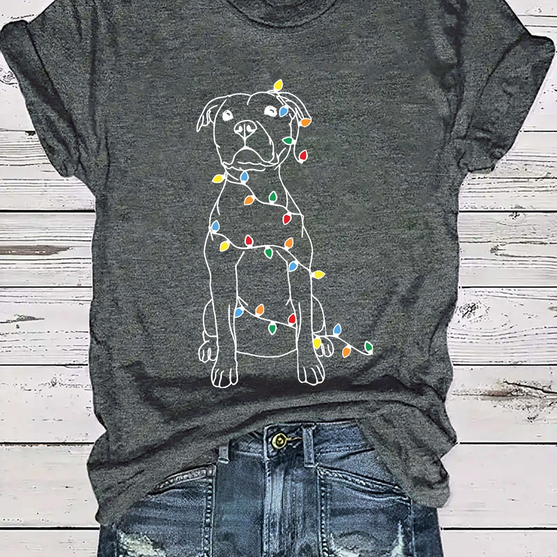 

Women's Christmas Dog Print T-shirt, Casual Round Neck, Regular Fit, Polyester, , Fashion Top, Knit Fabric, No Detail, Ladies' Tee