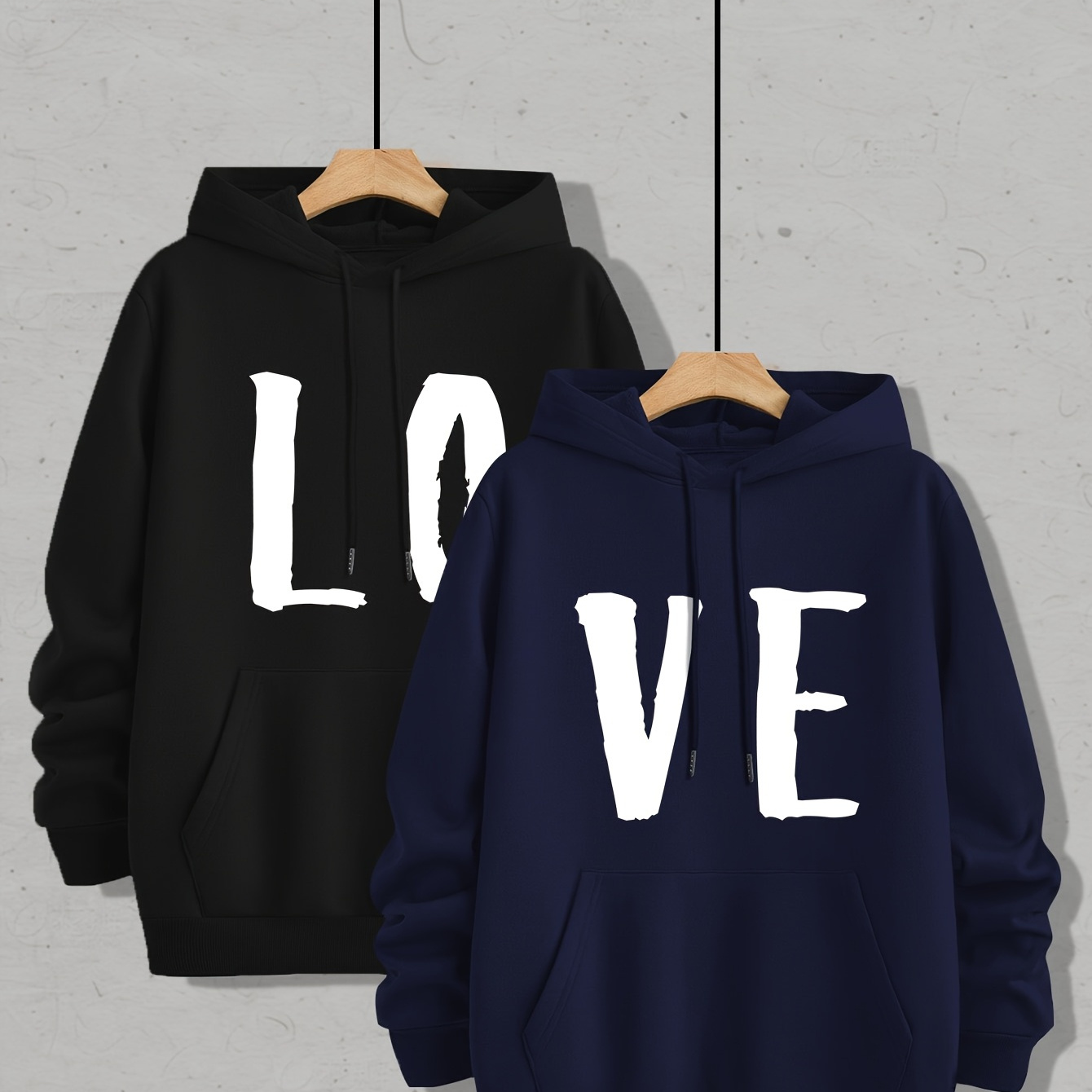 

Ensemble de 2 sweat-shirts tendance avec poche , pour hommes, style décontracté, avec imprimé géométrique, en polyester tricoté, coupe régulière, printemps/automne - Lettre "LOVE" et "VE