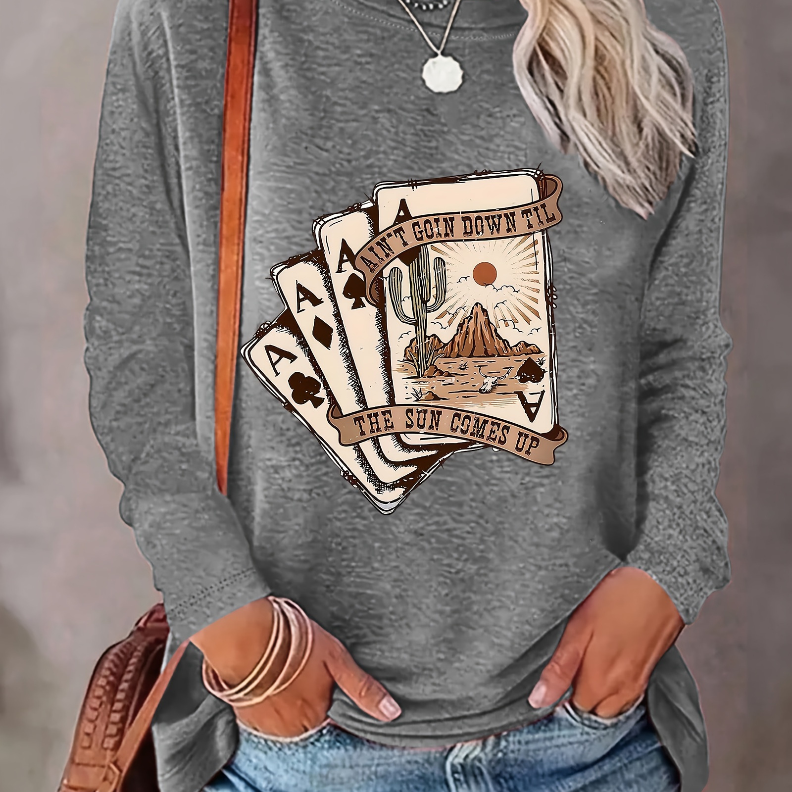 

Poker Card Print T-shirt, Long Sleeve Crew Neck Casual Top For Spring & Fall, Women's Clothing