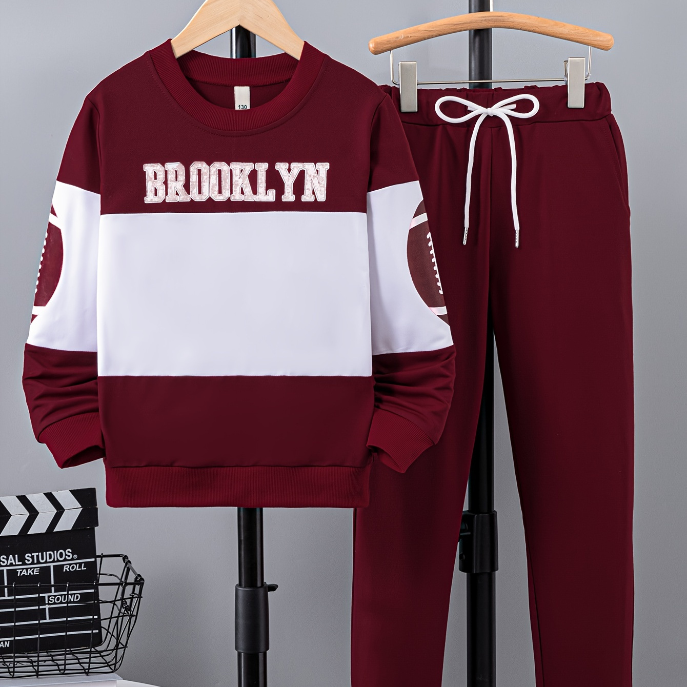 Boy's Rugby Pattern Outfit 2pcs, Sweatshirt & Drawstring Sweatpants Set, BROOKLYN Print Kid's Clothes For Spring Fall