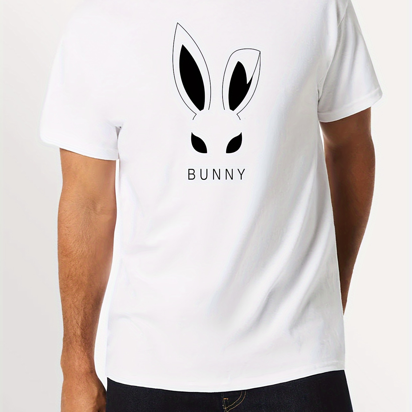 

Men's Casual Crew Neck Graphic T-shirt With Stylish Rabbit Ears Print, Versatile Short Sleeve Street Style Tee